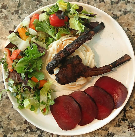 Rack of Lamb/ mash with fresh beets and greens